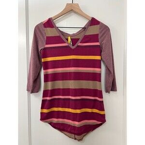 Lole Striped Organic Cotton V Neck 3/4 Sleeve Top Purple Pink Yellow Women's XS